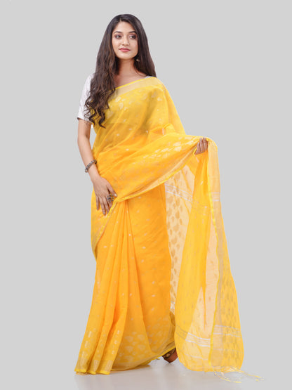 Women's Tant Cotton Silk Yellow Handloom Saree Flowting Leaves Work