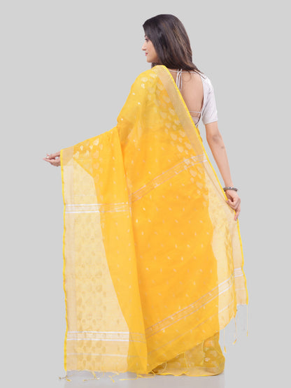 Women's Tant Cotton Silk Yellow Handloom Saree Flowting Leaves Work