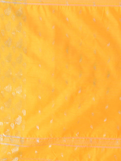 Women's Tant Cotton Silk Yellow Handloom Saree Flowting Leaves Work