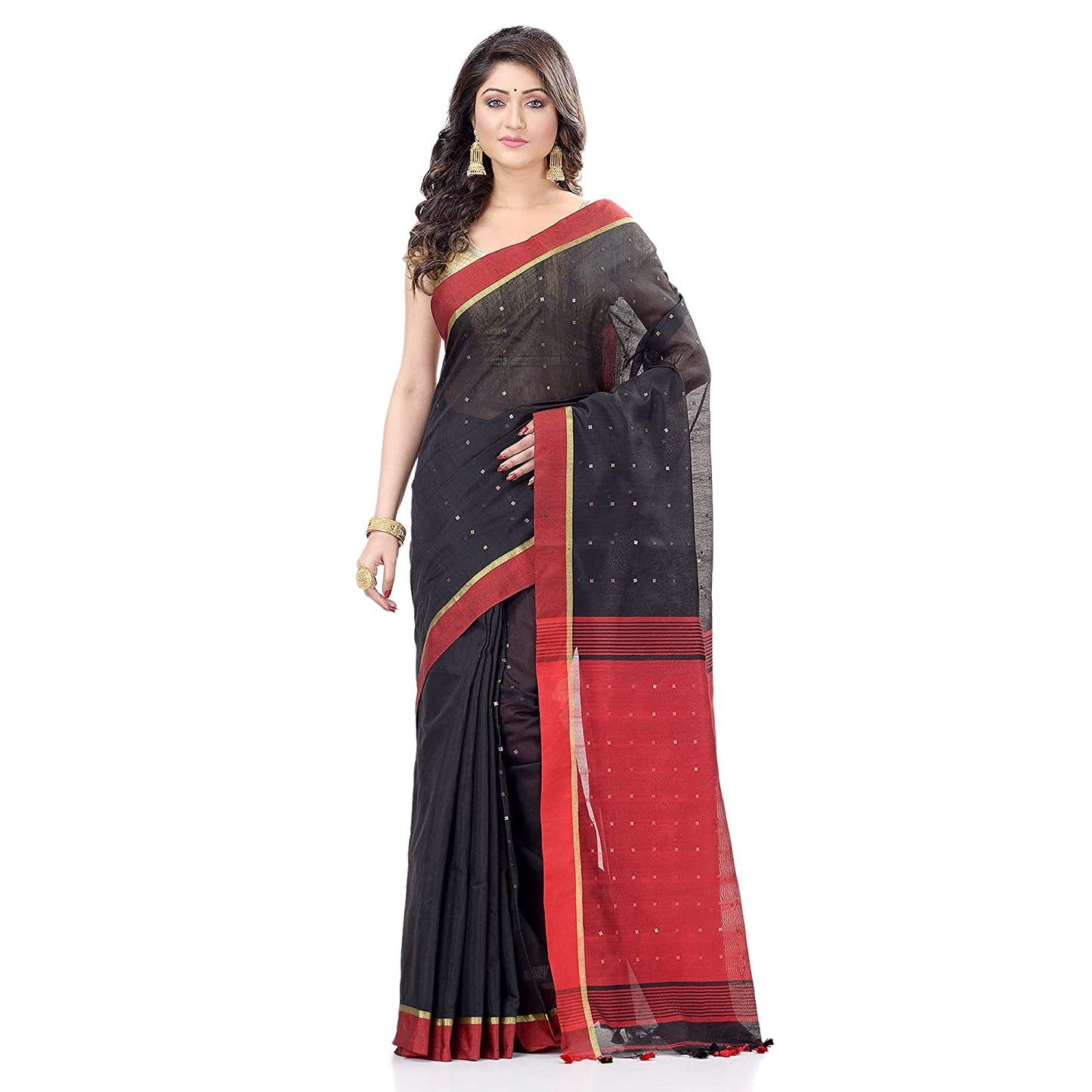 Women's Tant Silk Handloom Black Cotton Saree Sequence Work