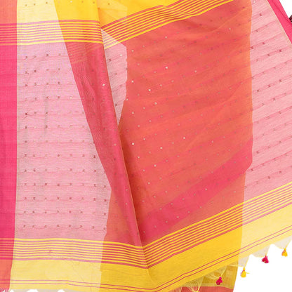 Women's Tant Silk Handloom Yellow Cotton Saree Sequence Work