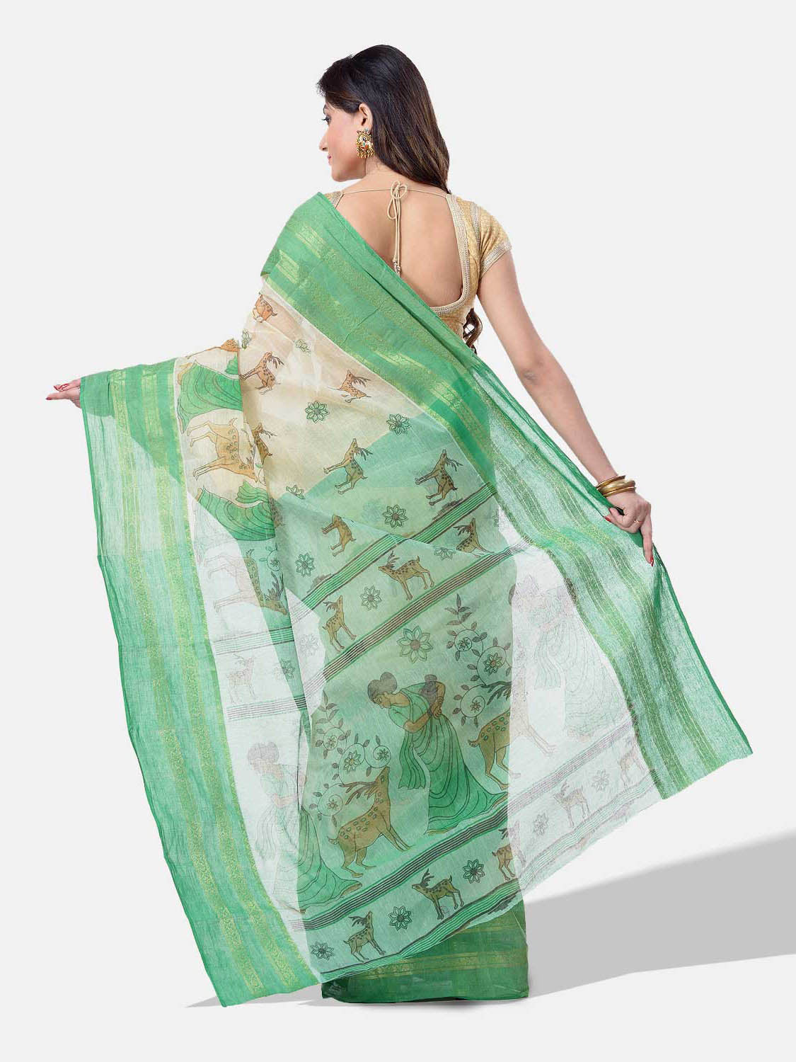 Women's Bengal Printed Green Cotton Tant Saree