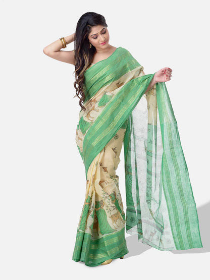 Women's Bengal Printed Green Cotton Tant Saree