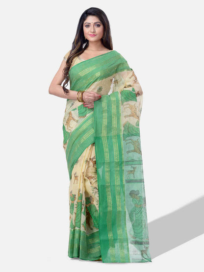 Women's Bengal Printed Green Cotton Tant Saree