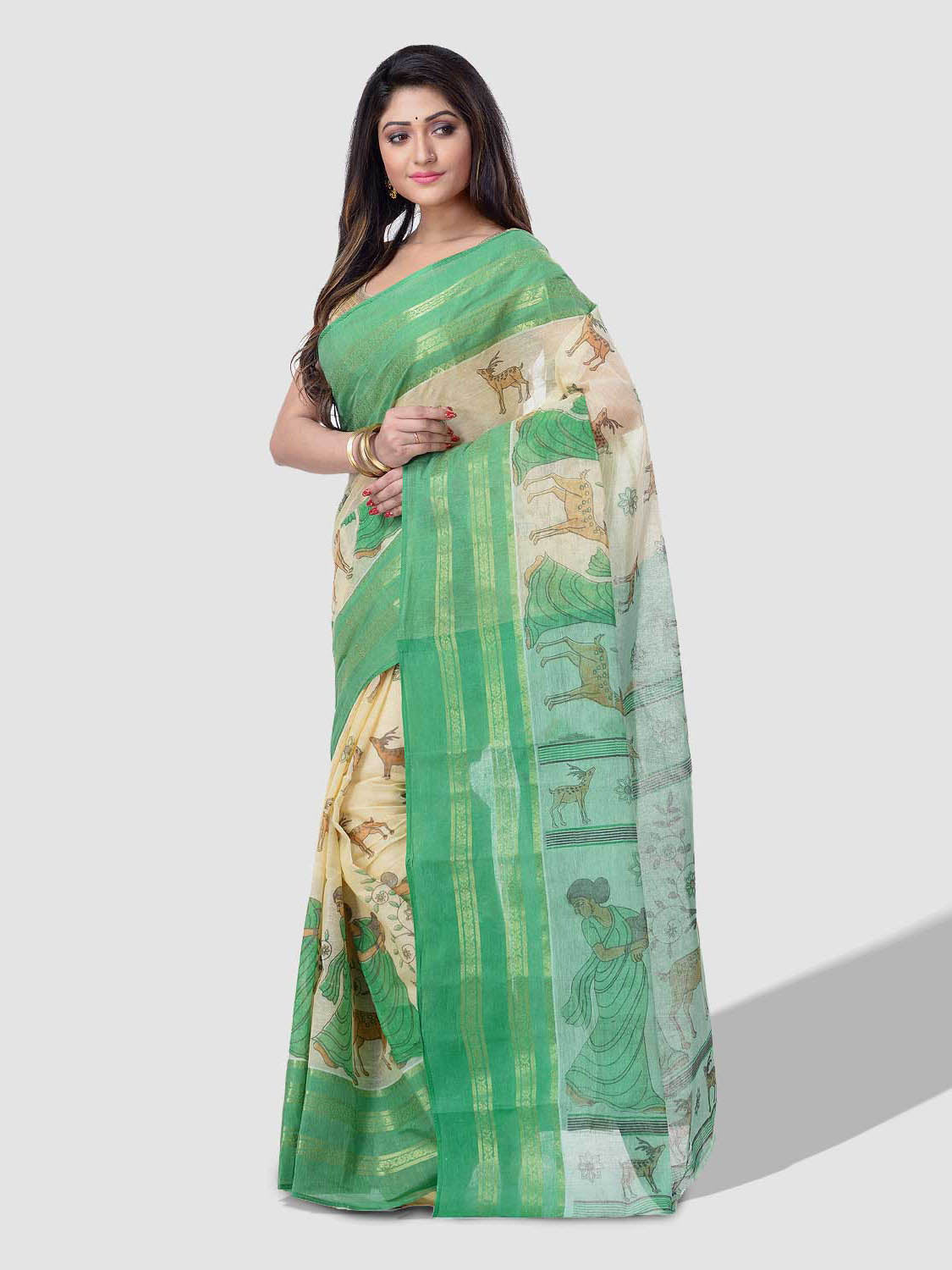 Women's Bengal Printed Green Cotton Tant Saree