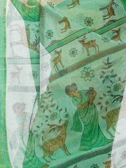 Women's Bengal Printed Green Cotton Tant Saree