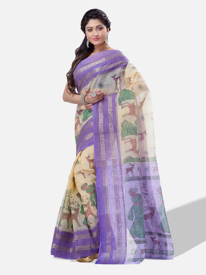 Women's Bengal Printed Purple Cotton Tant Saree