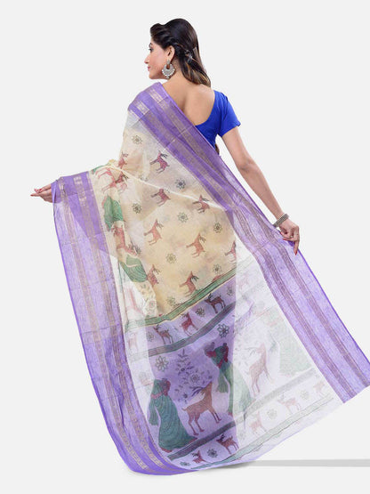 Women's Bengal Printed Purple Cotton Tant Saree