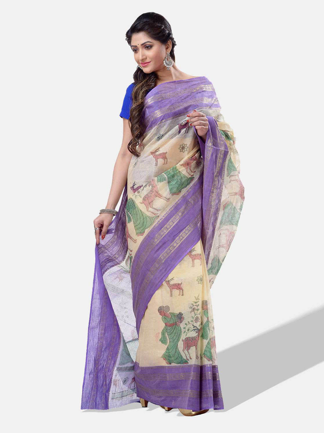 Women's Bengal Printed Purple Cotton Tant Saree