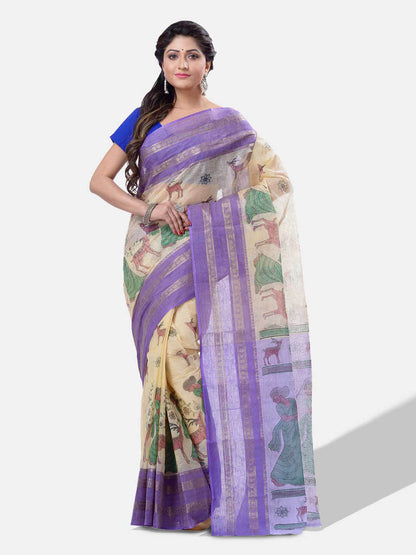 Women's Bengal Printed Purple Cotton Tant Saree