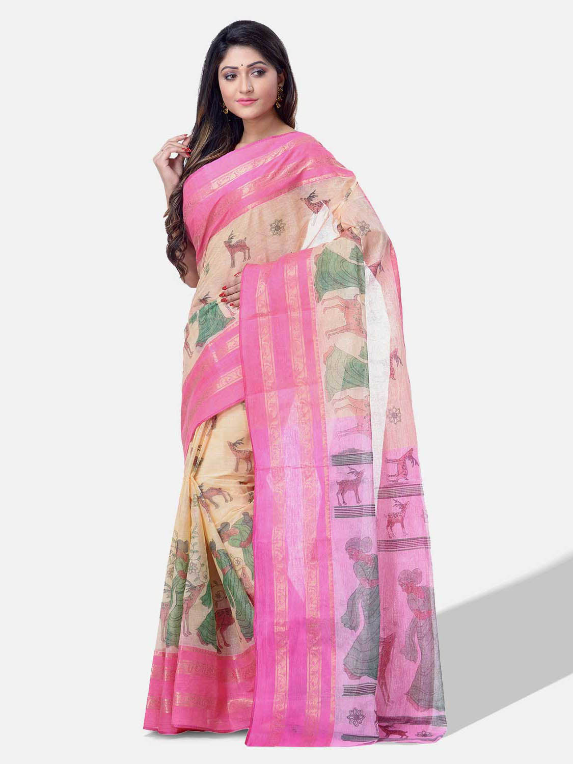 Women's Bengal Printed Pink Cotton Tant Saree