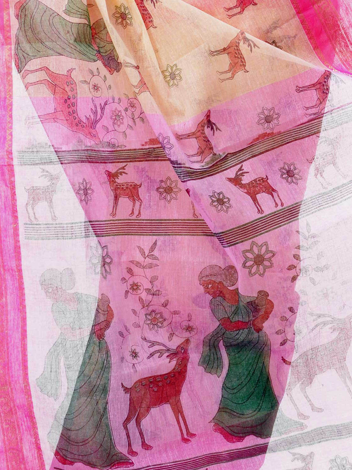 Women's Bengal Printed Pink Cotton Tant Saree