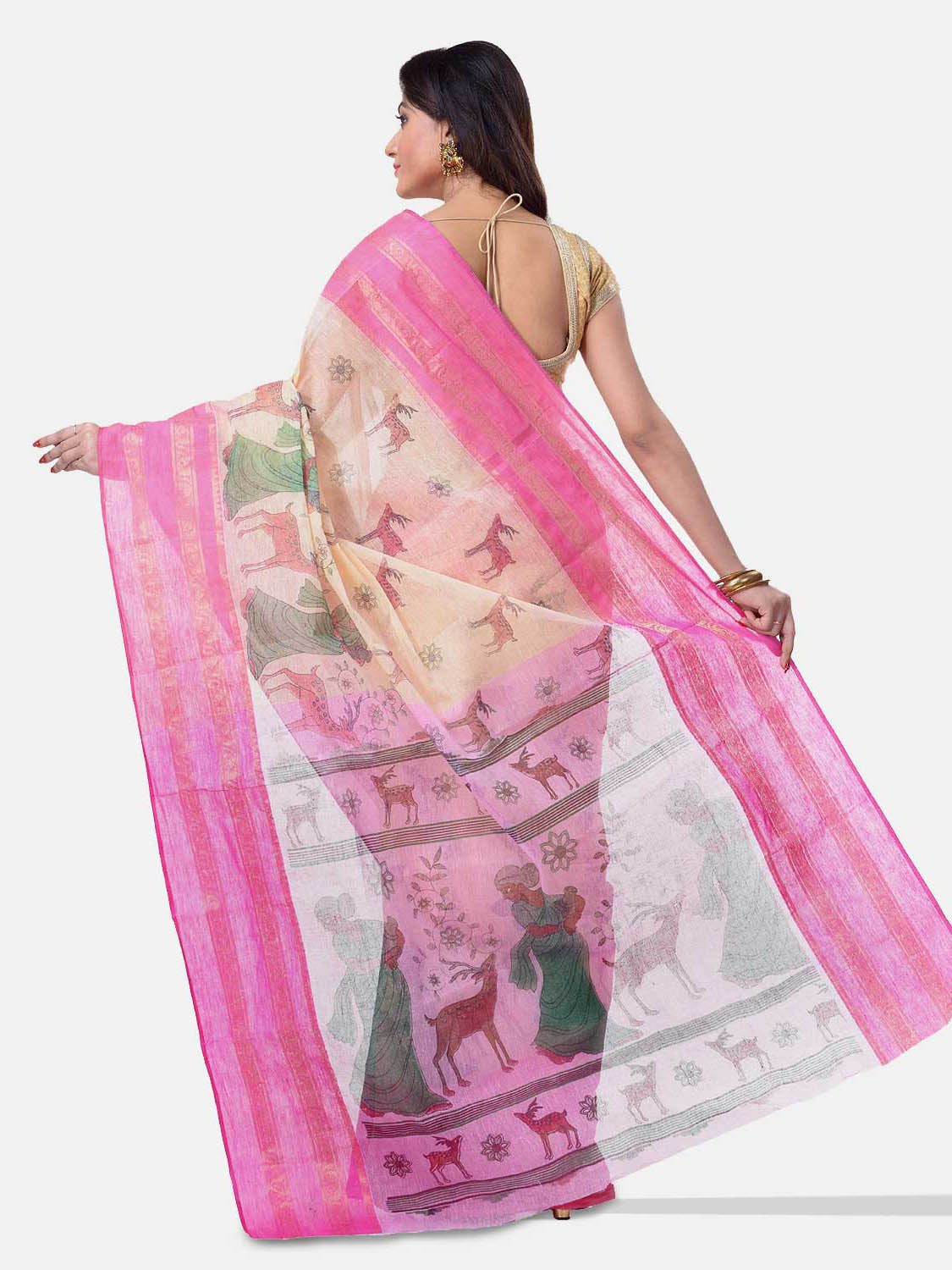 Women's Bengal Printed Pink Cotton Tant Saree