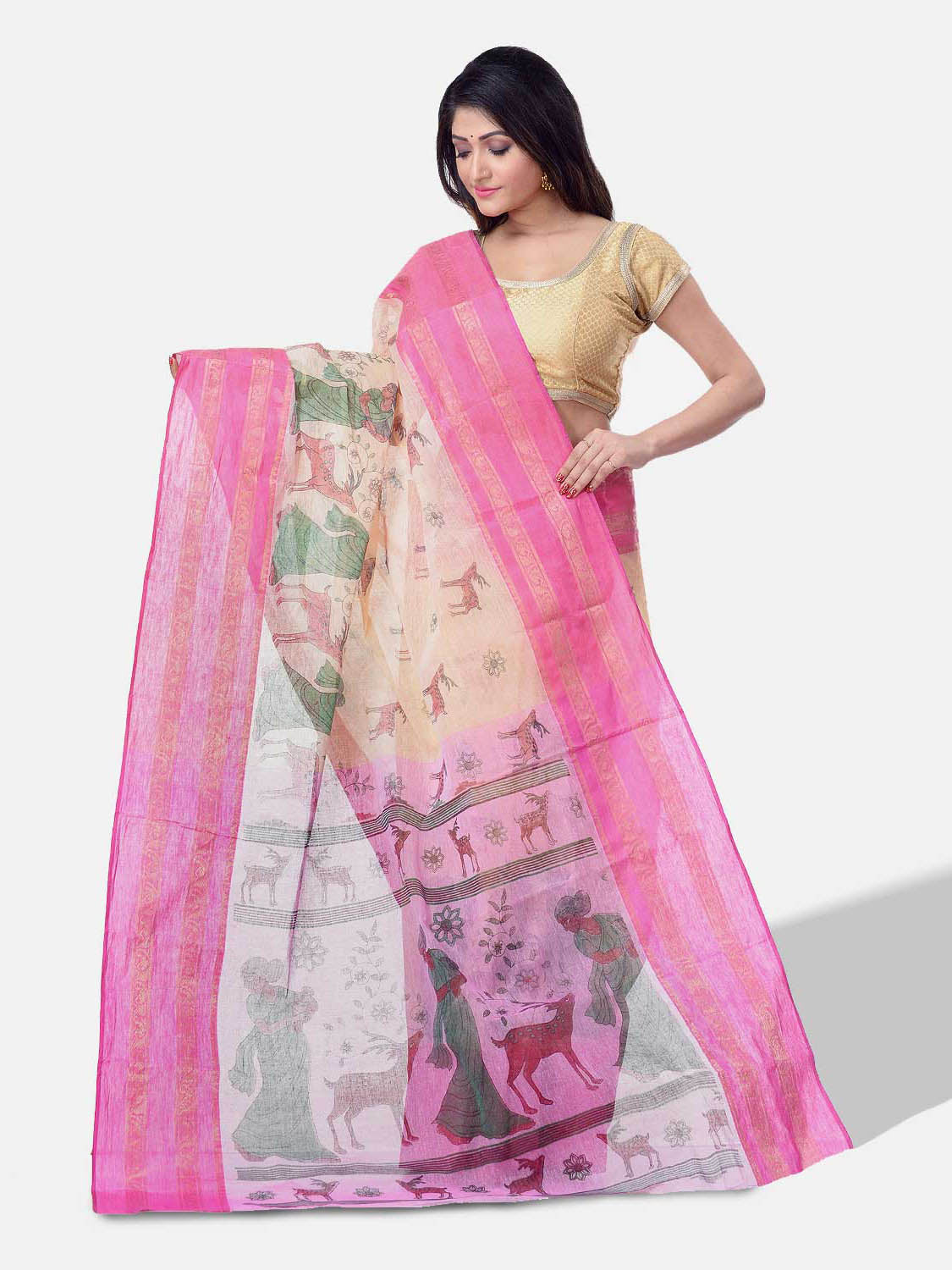 Women's Bengal Printed Pink Cotton Tant Saree