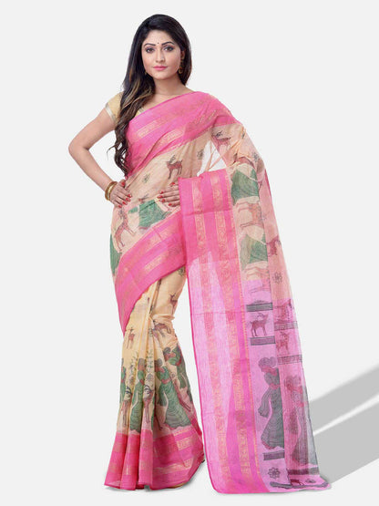 Women's Bengal Printed Pink Cotton Tant Saree