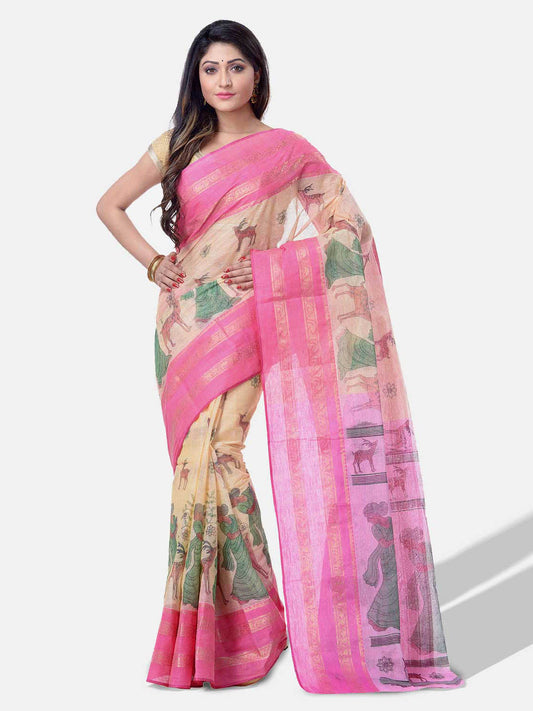 Women's Bengal Printed Pink Cotton Tant Saree