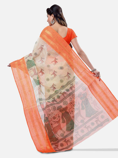 Women's Bengal Printed Sky Orange Cotton Tant Saree