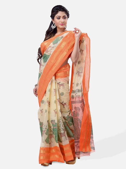 Women's Bengal Printed Sky Orange Cotton Tant Saree