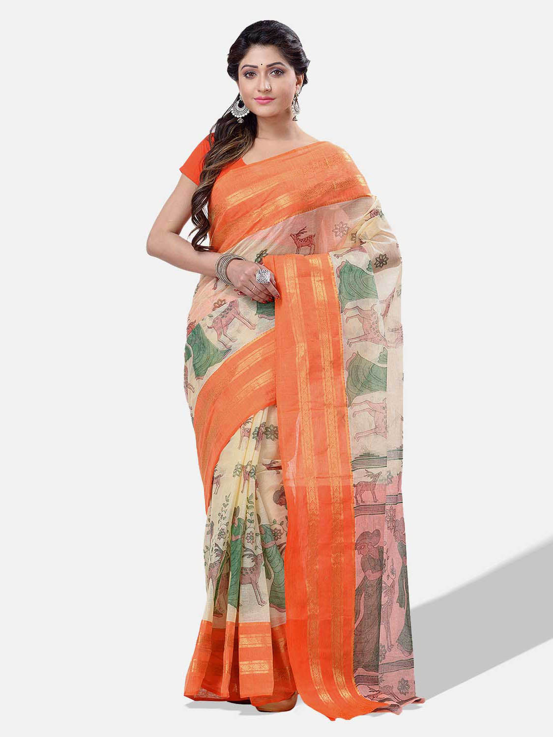 Women's Bengal Printed Sky Orange Cotton Tant Saree