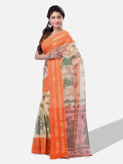 Women's Bengal Printed Sky Orange Cotton Tant Saree