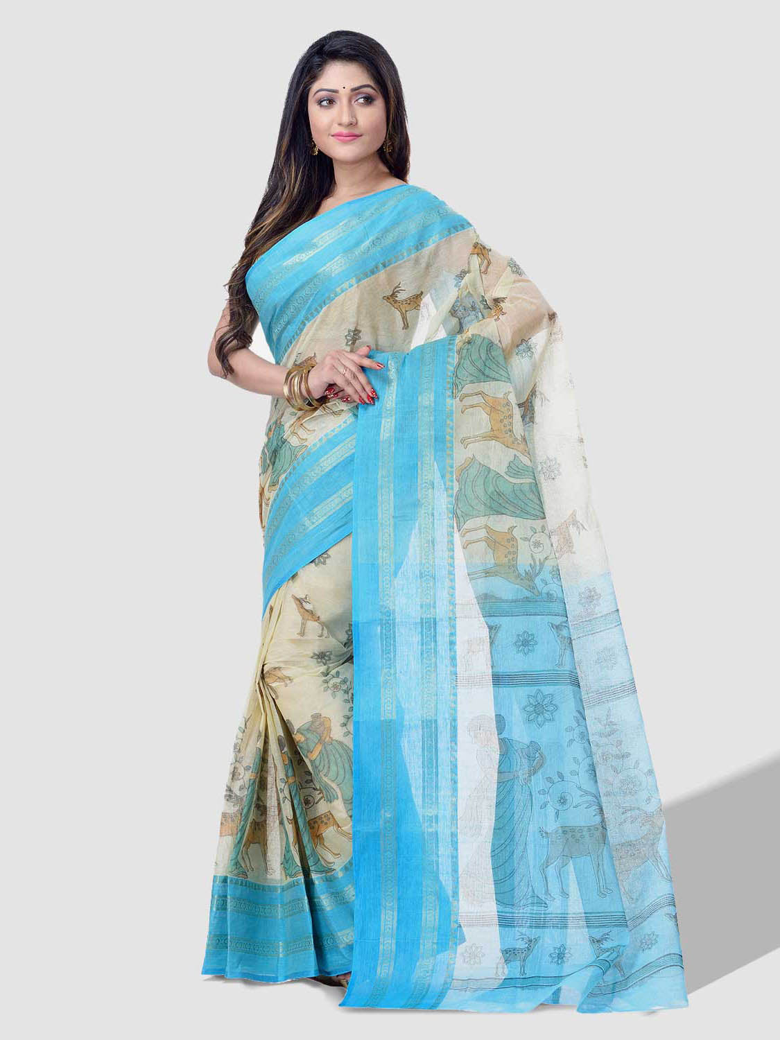 Women's Bengal Printed Sky Blue Cotton Tant Saree