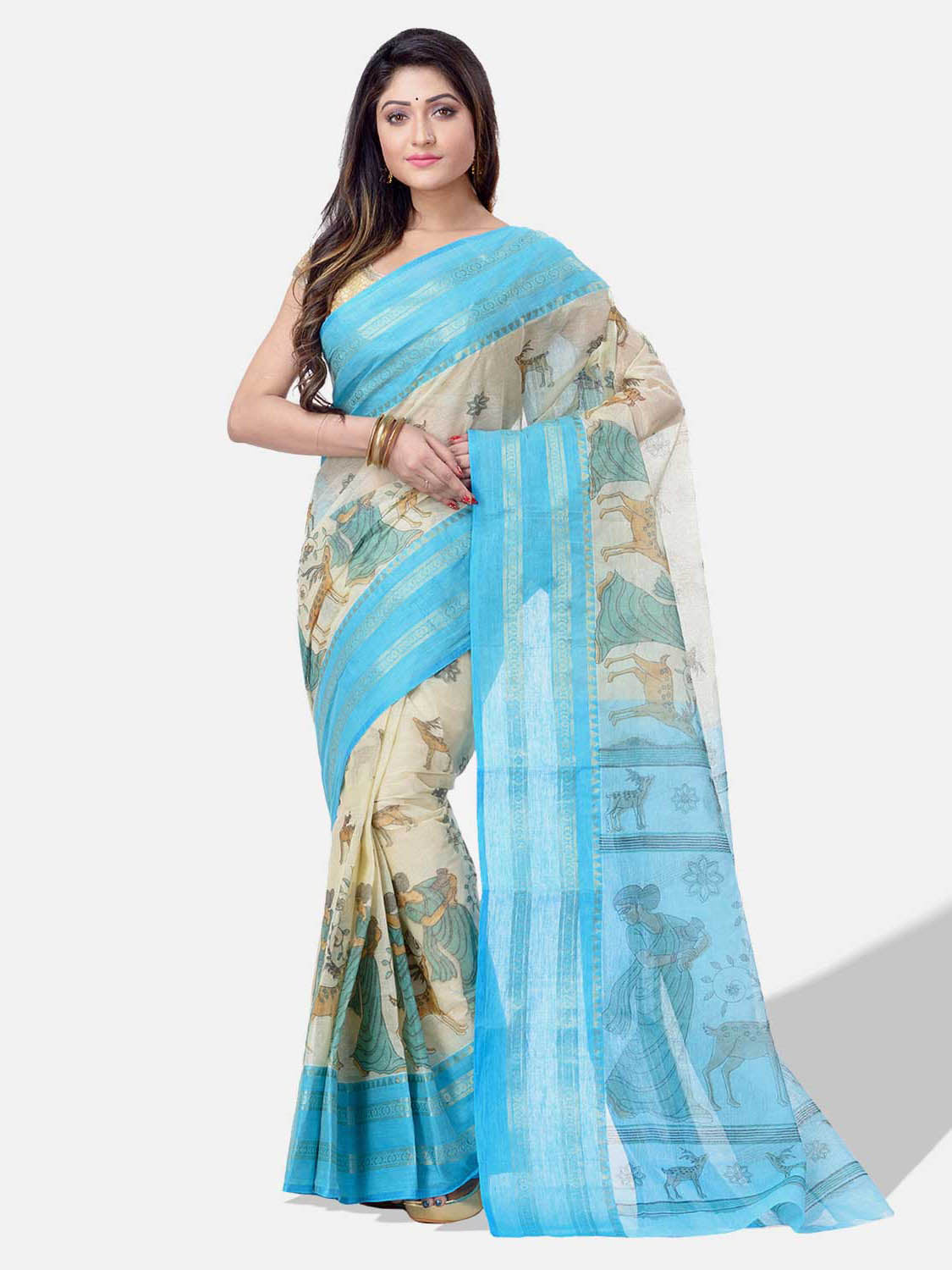 Women's Bengal Printed Sky Blue Cotton Tant Saree