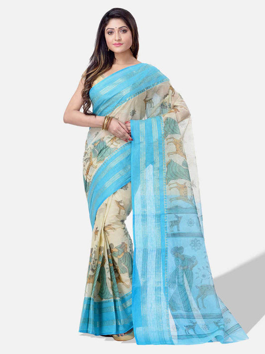 Women's Bengal Printed Sky Blue Cotton Tant Saree