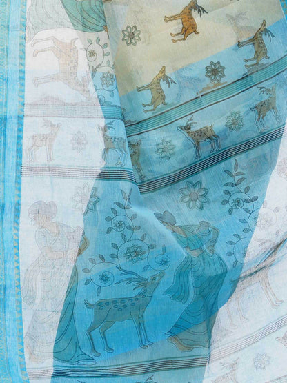 Women's Bengal Printed Sky Blue Cotton Tant Saree