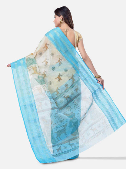 Women's Bengal Printed Sky Blue Cotton Tant Saree