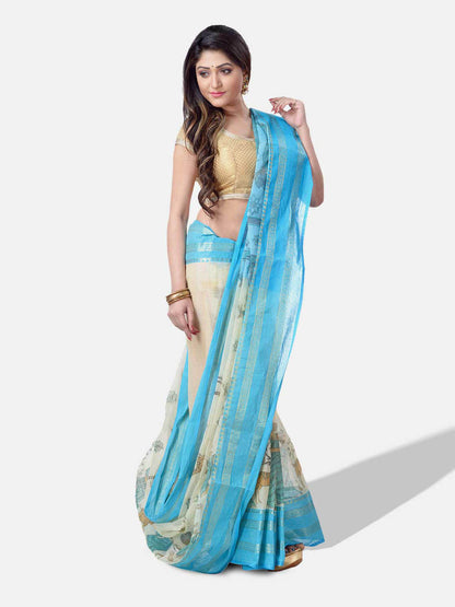 Women's Bengal Printed Sky Blue Cotton Tant Saree