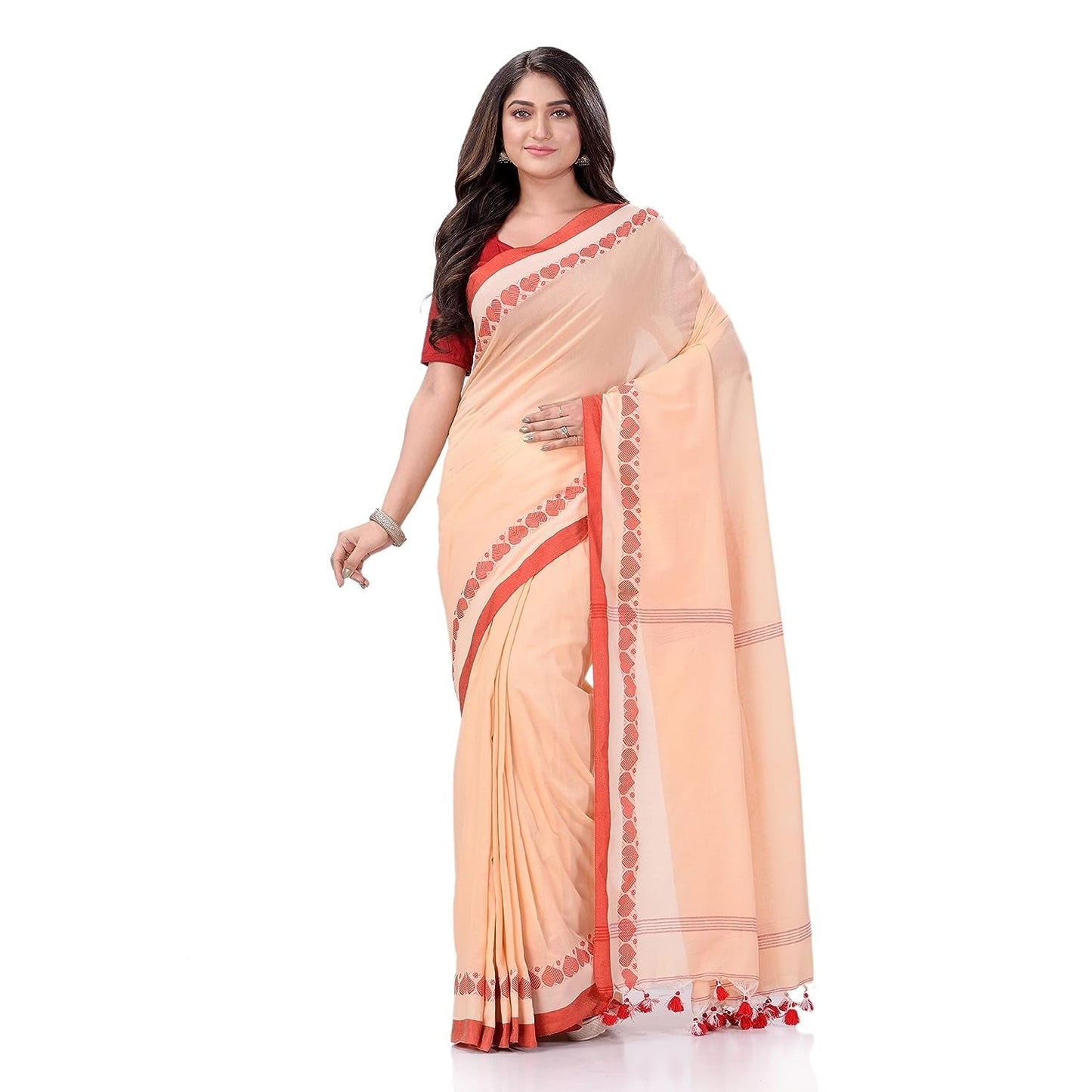 Women's Traditional Bengali Tant Handloom Cream Red Cotton Saree