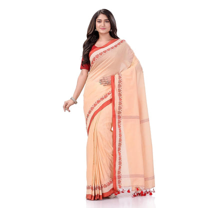 Women's Traditional Bengali Tant Handloom Cream Red Cotton Saree