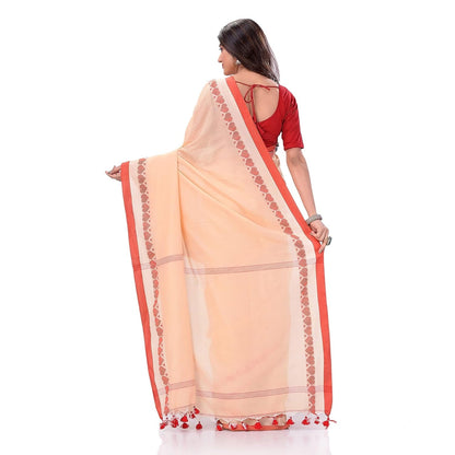 Women's Traditional Bengali Tant Handloom Cream Red Cotton Saree