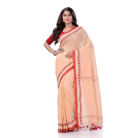 Women's Traditional Bengali Tant Handloom Cream Red Cotton Saree