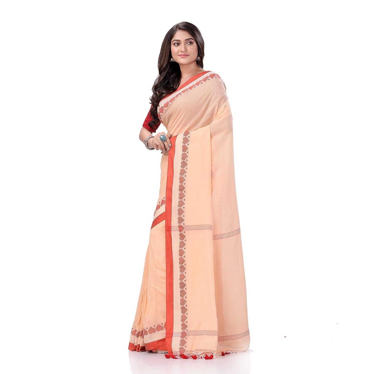 Women's Traditional Bengali Tant Handloom Cream Red Cotton Saree