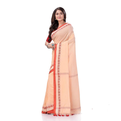 Women's Traditional Bengali Tant Handloom Cream Red Cotton Saree