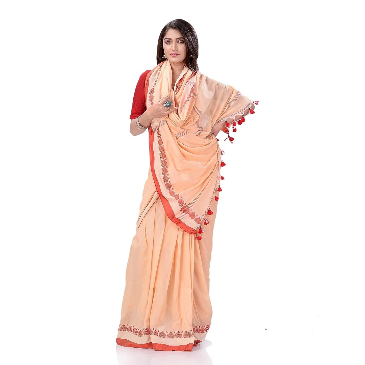 Women's Traditional Bengali Tant Handloom Cream Red Cotton Saree
