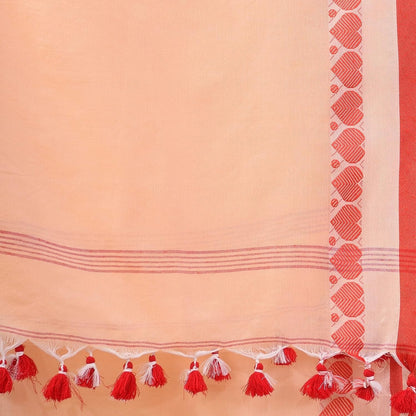 Women's Traditional Bengali Tant Handloom Cream Red Cotton Saree