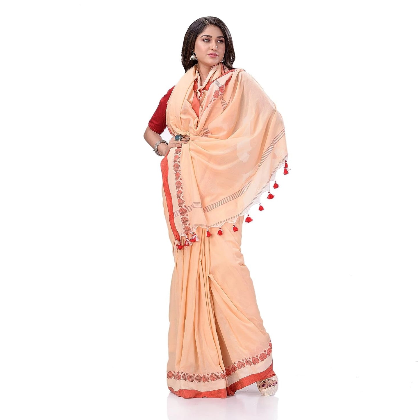 Women's Traditional Bengali Tant Handloom Cream Red Cotton Saree