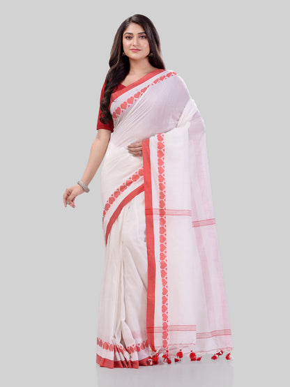 Women's Traditional Bengali Tant Handloom White Cotton Saree