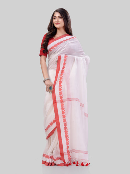 Women's Traditional Bengali Tant Handloom White Cotton Saree