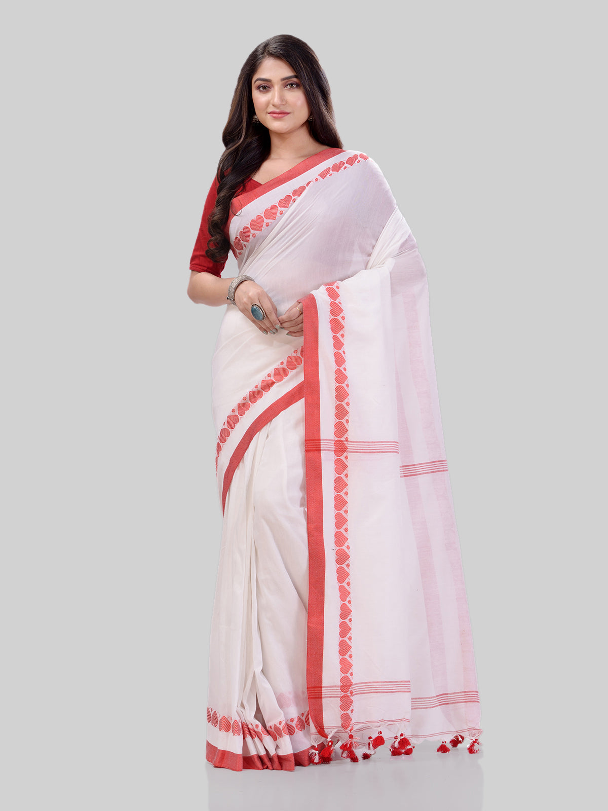 Women's Traditional Bengali Tant Handloom White Cotton Saree