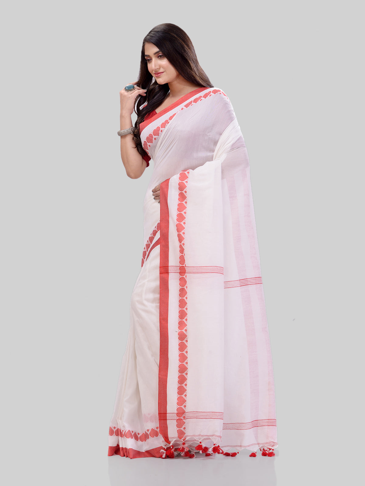 Women's Traditional Bengali Tant Handloom White Cotton Saree