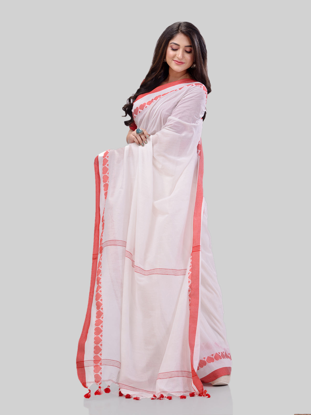 Women's Traditional Bengali Tant Handloom White Cotton Saree