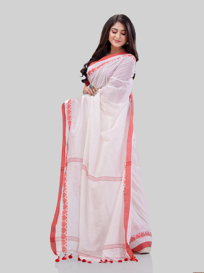 Women's Traditional Bengali Tant Handloom White Cotton Saree