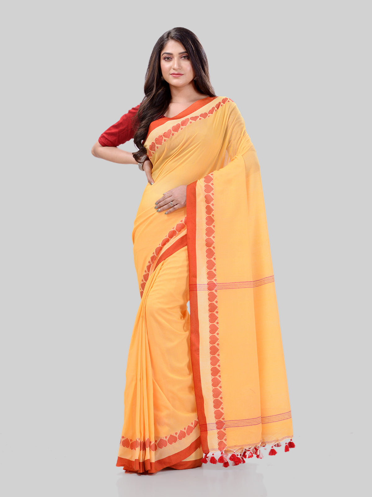 Women's Traditional Bengali Tant Handloom Yellow Cotton Saree