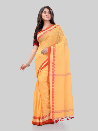 Women's Traditional Bengali Tant Handloom Yellow Cotton Saree