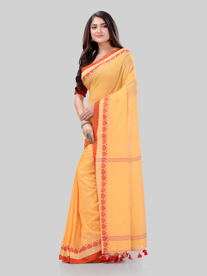 Women's Traditional Bengali Tant Handloom Yellow Cotton Saree