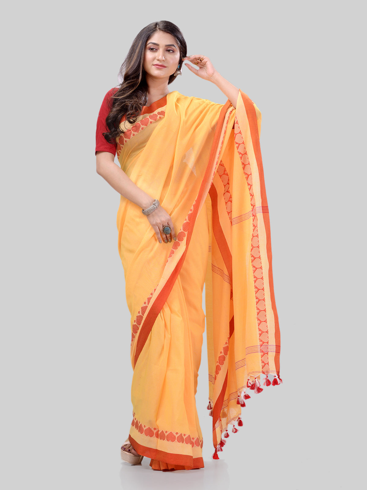 Women's Traditional Bengali Tant Handloom Yellow Cotton Saree