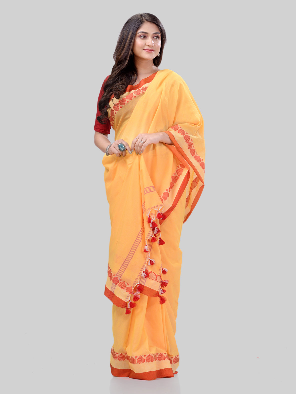 Women's Traditional Bengali Tant Handloom Yellow Cotton Saree